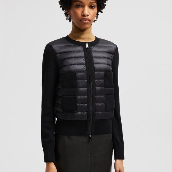 NWT Moncler Black Padded Wool Zip Cardigan and Leather-trimmed Puffer Jacket XS - Picture 1 of 15